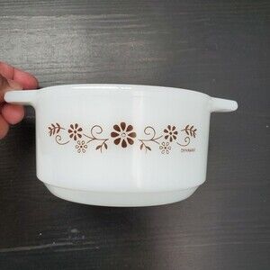 Dynaware White Brown Daisy Flowers Handled Pyr-O-rey Small Bowl MCM Vtg 6"